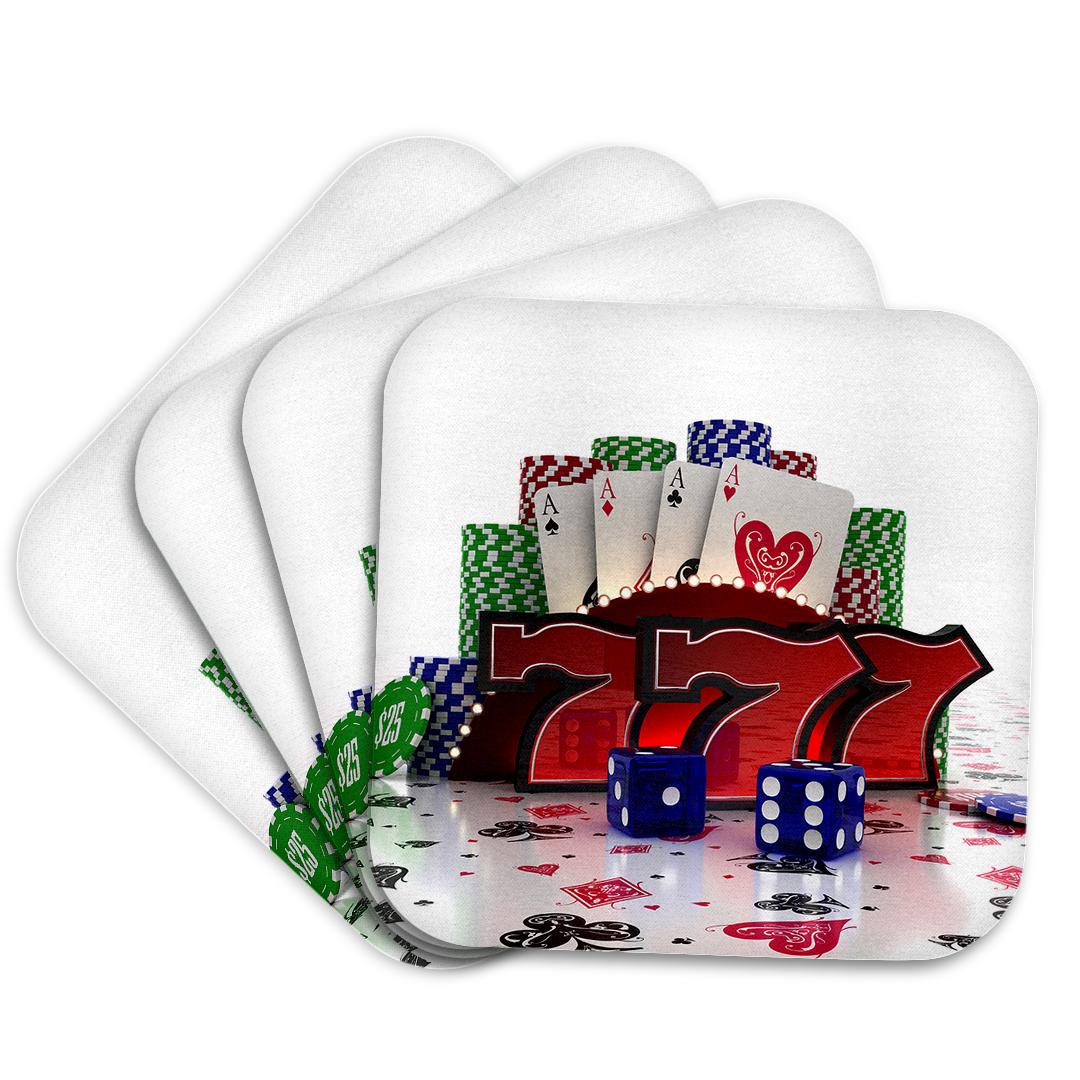 3dRose Carsten Reisinger Illustrations - Casino concept with poker cards chips dice and slot style sevens - Coasters (cst_155012)
