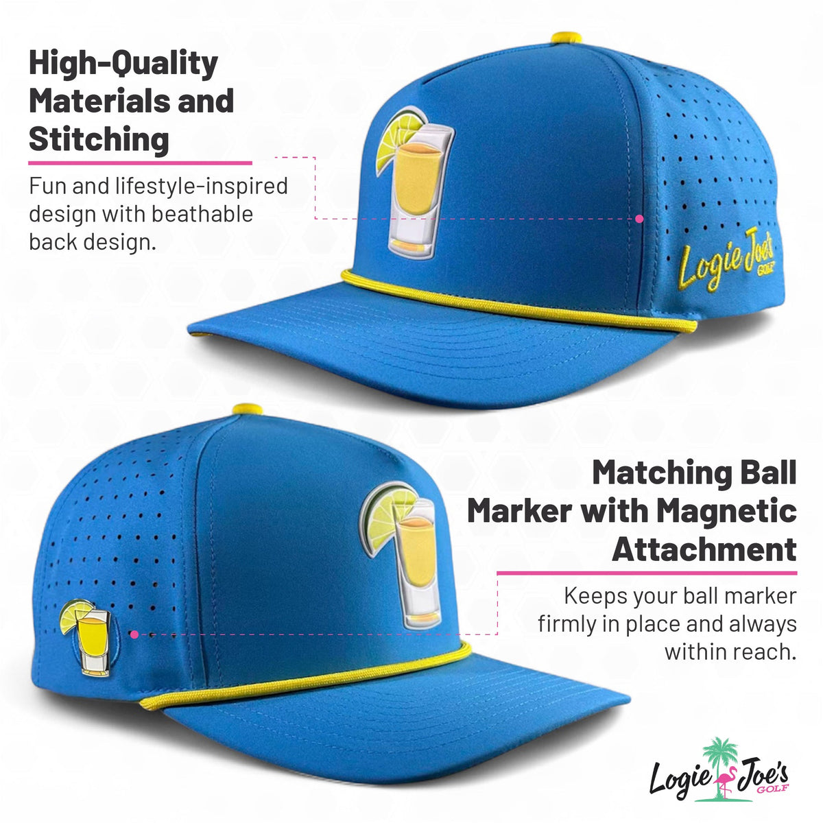Fore the Boys Golf Hat | Snapback Cap | Built-in Magnetic Ball Marker Holder + Marker Included | Adjustable Blonde Light Blue