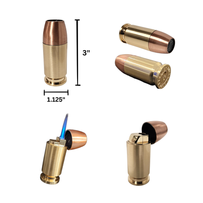 Hollow Point Bullet-Shaped Torch Lighter, 3-Inch, Blue Flame, Butane Refillable, Brass and Copper