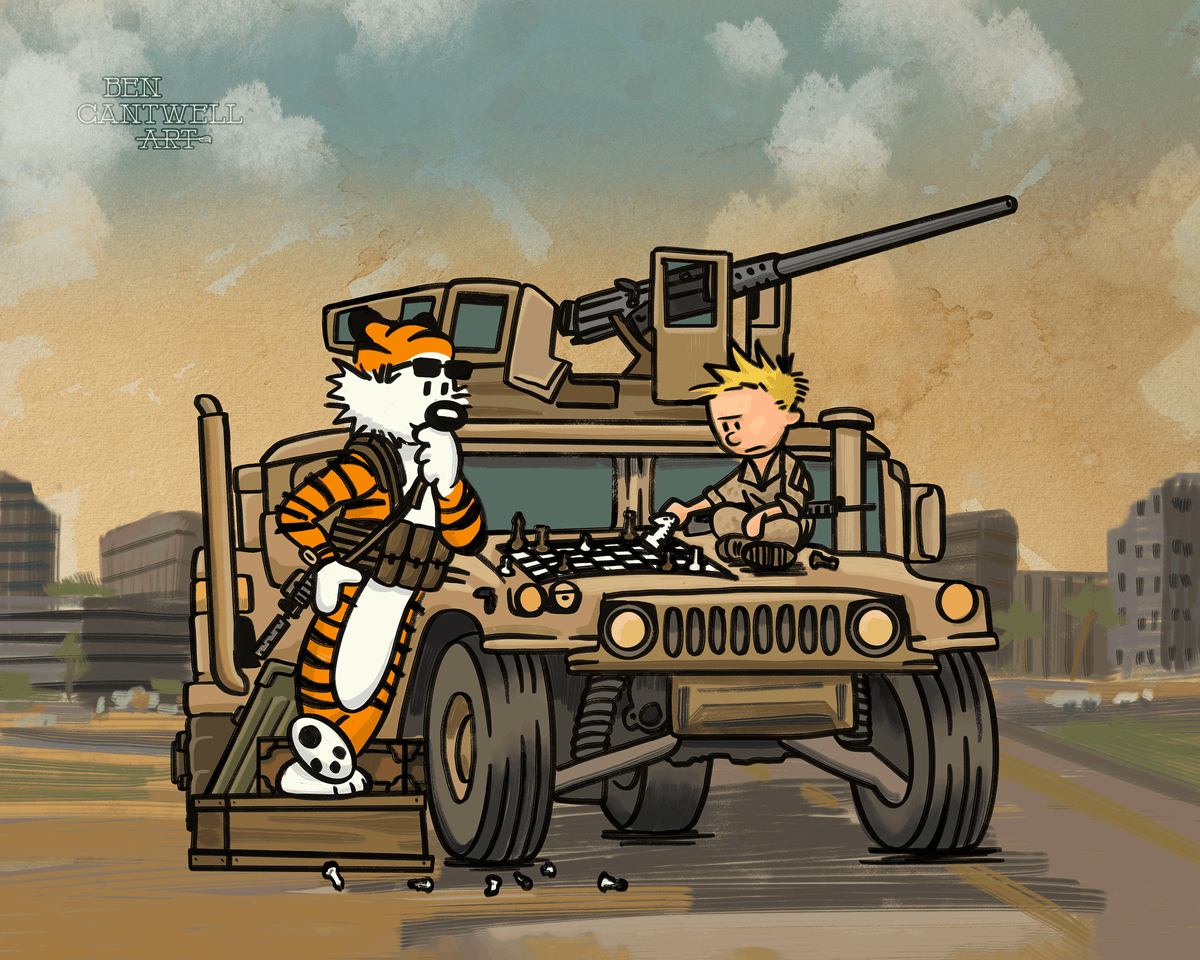 Calvin and Hobbes Playing chess on a Humvee