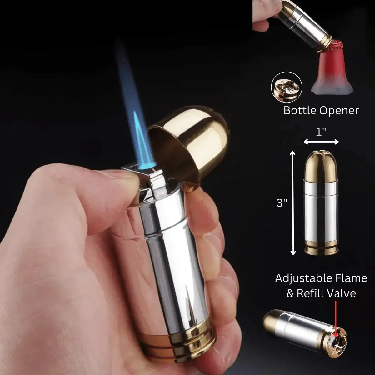 Bullet-Shaped Torch Lighter, 3-Inch, Blue Flame, Butane Refillable with Bottle Opener, Silver and Gold