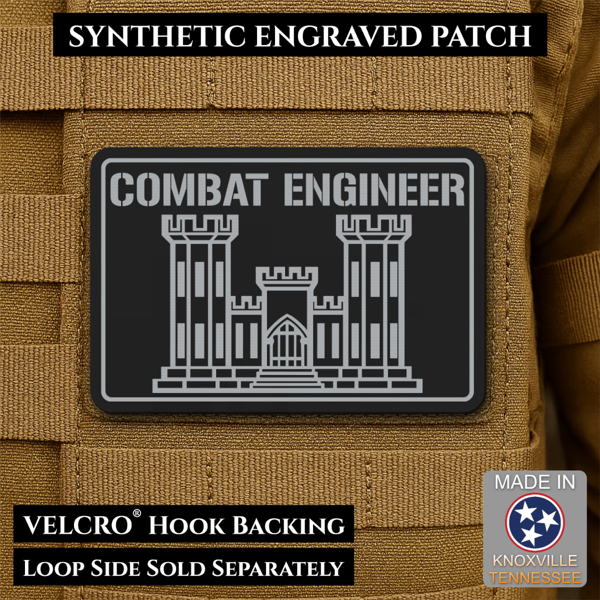 Combat Engineer Army Veteran Morale Patch, 2x3" | Made in USA | VELCRO® Brand Hook Backing