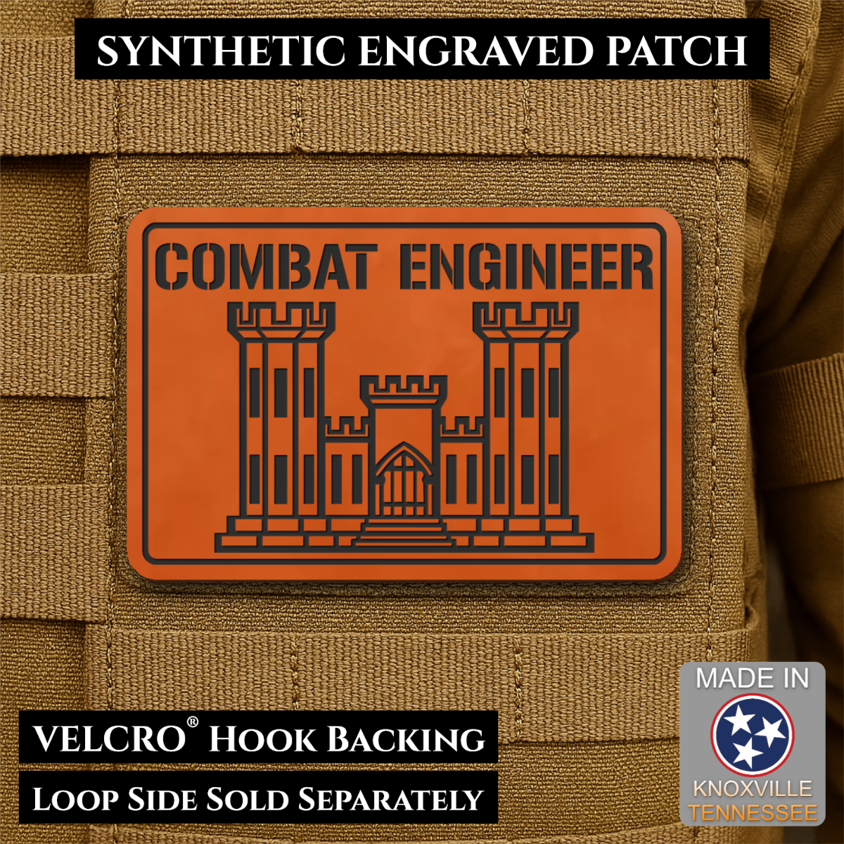 Combat Engineer Army Veteran Morale Patch, 2x3" | Made in USA | VELCRO® Brand Hook Backing