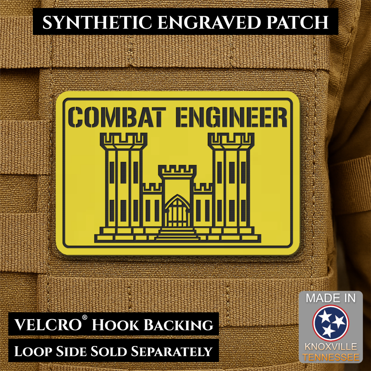 Combat Engineer Army Veteran Morale Patch, 2x3" | Made in USA | VELCRO® Brand Hook Backing